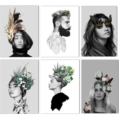 Mordern Abstract Canvas Art Feather Woman Flowers Green Leaf Wall Art Painting For Girls Posters Prints Pictures For Living Room