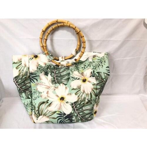 High Quality Summer Vacation Beach Large Canvas Shopping Tote Bags Designer Luxury Floral Women Handbags With Bamboo Handle