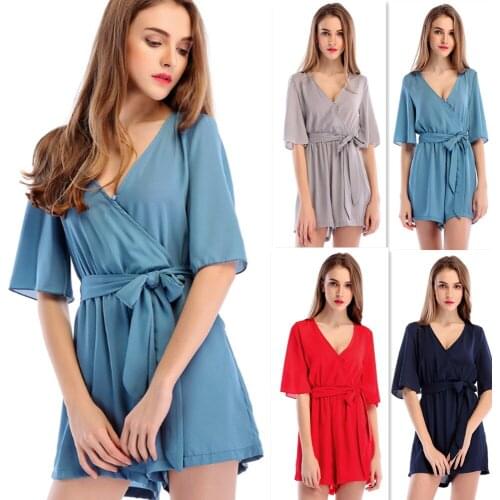 Womens jumpsuit Sexy Office Lady Chiffon Spring/summer 2019 Hot New Short Sleeve Shirt Jumpsuit Shorts bandage jumpsuit