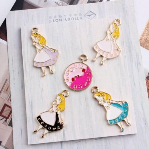 10pcs/lot Gold Alloy Alice girl clock floating Enamel Charms Pendant fit necklaces bracelets DIY handmade Jewelry Accessories