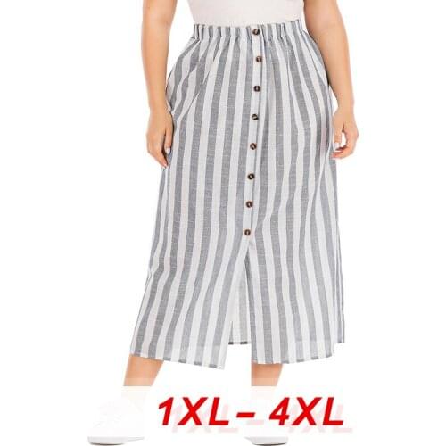 2020 Plus Size Skirts for Women Large Casual Loose Button Gray White Striped Vintage Straight Split Skirts