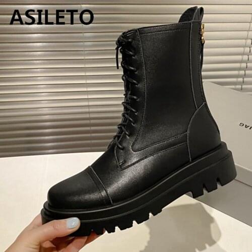 ASILETO 2021 Black Platform Combat Genuine leather Boots For Women Lace Up Buckle Strap Woman Shoes Winter Biker Boots Zipper