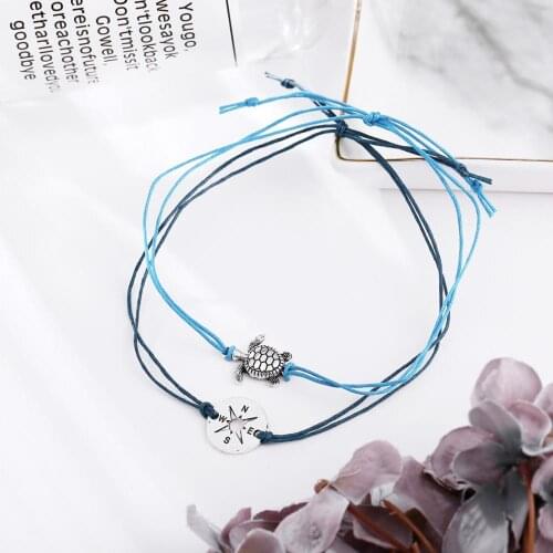 ZG Punk Compass Turtle Charm Bracelets for Women Men Accessories Handmade Blue Green Weave Rope Anklets Set Foot Jewelry