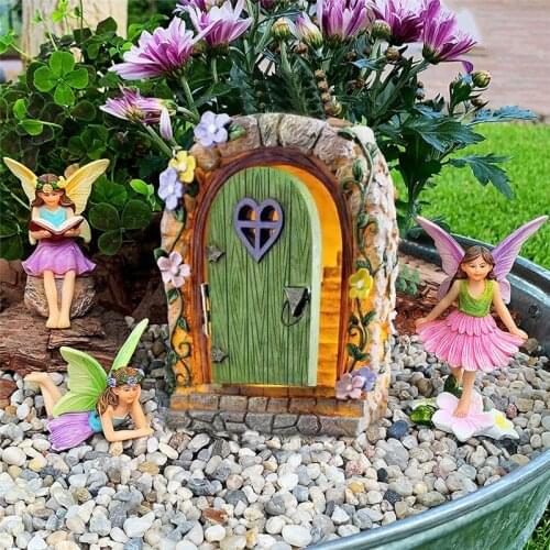 DIY Wooden Fairy Elf Door Craft Solar Shimen Night Light Resin Christmas Door Decoration Miniature Fairy Garden Decor Accessory