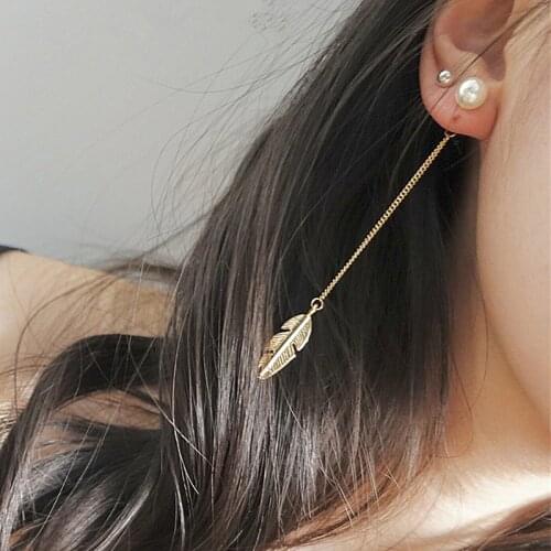 E0329 New Arrival Gold Color Leaf Long Tassel Drop Earrings Fashion Pearl Earrings For Women Korean Style Popular Gift Wholesale