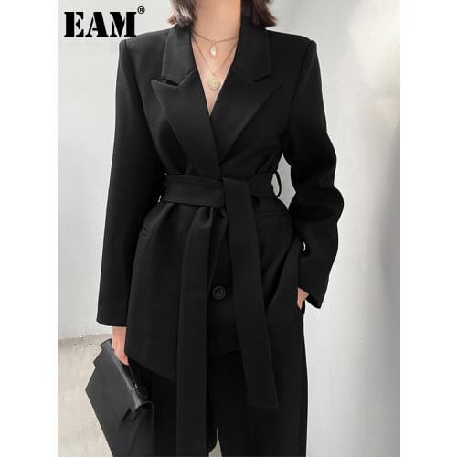 [EAM] Wide Leg Pants bandage Two Piece Suit New lapel Long Sleeve Black Loose Fit Women Fashion Tide Spring Autumn 2021 1DE1719