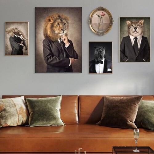 Husky Dog Elephant Lion In A Suit Art Canvas Print Painting Gentleman Animal Wall Picture Living Room Home Decoration Poster