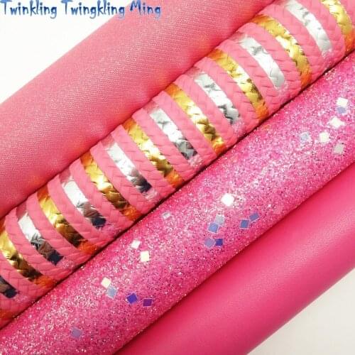 PINK Glitter Leather, Stripes Printed Synthetic Leather, Plain Faux Fabric For Bow A4 21x29CM Twinkling Ming KM026