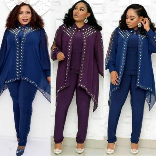 3 Piece Set Africa Clothes African Dashiki Fashion Beads Suit Cardigan Coat Vest Tops Trousers Chiffon Party for Women Outfits
