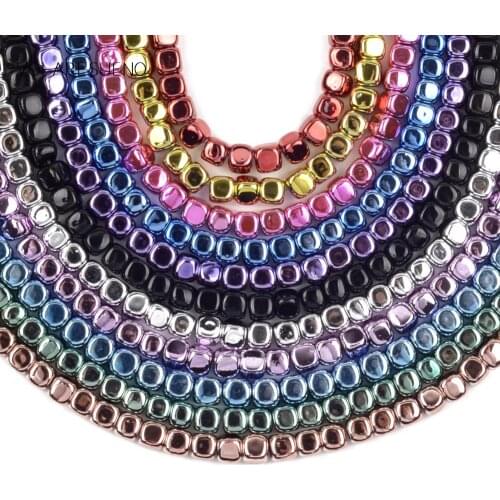 Colorful Natural Nano Vacuum Plating Hematite Stone Round Square Spacer Loose Beads For Jewelry Making 4*4mm Diy Bracelets 15"