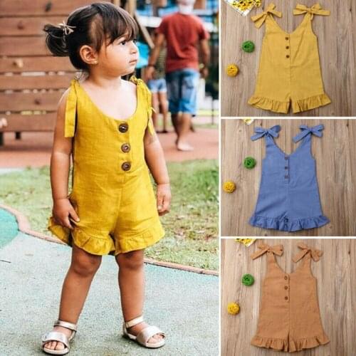 Summer Kids Baby Girl Rompers Summer Solid Strap Lace-up Ruffled Playsuit V-Neck Child Girls Rompers Sunsuits 1-6Y
