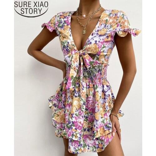 2021 Summer New Floral Print Dress Beach Style Sweet V-neck Bow Dress Ruffled Short Sleeve Mini Dresses Vestido Feminino 15153