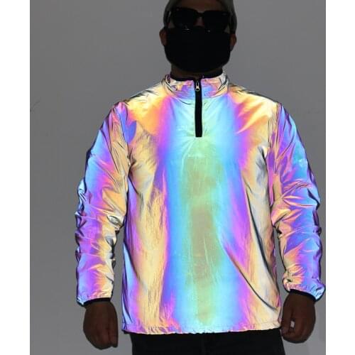 New 2021 Autumn winter colorful reflective stand collar men pullover jacket man night reflect light hip hop jackets and coats
