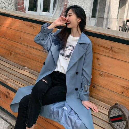New Windbreaker Female 2020 Spring Autumn Long Trench Coat For Women Korean Leisure Chic Waist Belt Loose Ladies Overcoats W32