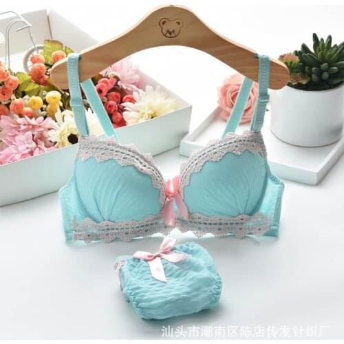 Fresh cotton embroidery girl student underwear cute chiffon small chest gather bra set 991