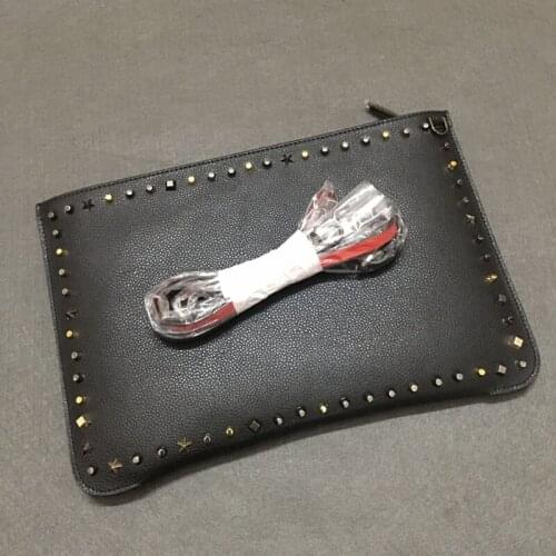 Cowhide Real Rivet 100% Leather Chains Shoulder Bag Female Black Clutch Purse Famous Brand Party Office Envelope Bags Women