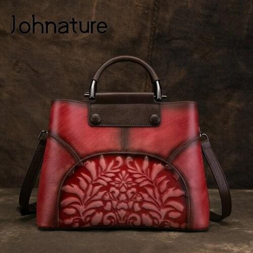 Johnature 2020 New Women Bag Vintage Handmade Genuine Leather Embossing Handbags Cow Leather Fashion Shoulder & Crossbody Bags
