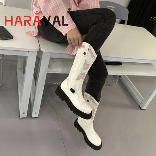 HARAVAL Women Ankle Boots Shoes Motorcycle Platform Cow Leather White Black Thick Bottom Round Toe Fashion Elegant Boots E448L