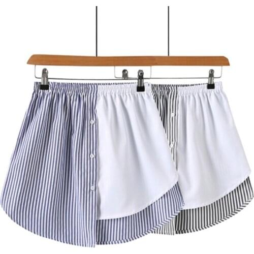 Women Striped Fake Top Lower Sweep Skirt High Low Irregular Patchwork A-Line Button False Hem Layering Shirt Extenders