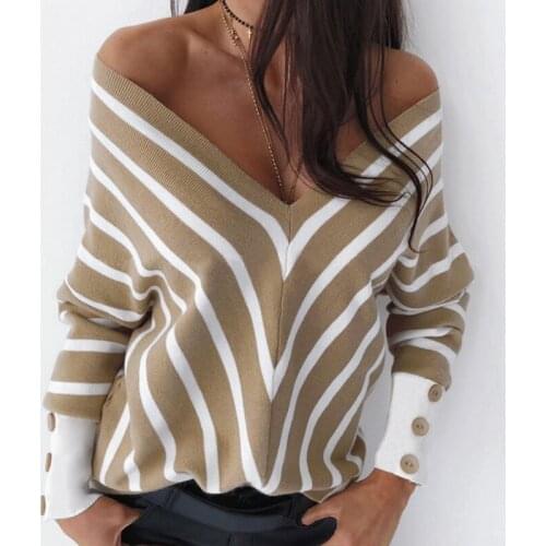 Women Warm Casual Striped Jersey Sweater 2021 Sexy V Neck Loose Pullover Long Sleeve Base Tops Sweater Autumn Winter Clothes New