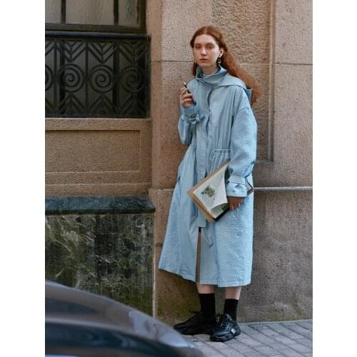 IRINACH268 FALL WINTER 2020 COLLECTION hooded oversize leather patchwork jacquard long trench coat women