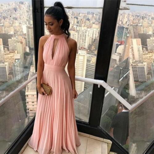 Pink Halter Keyhole Long Prom Dresses Pleat Open Back Floor Length Evening Party Gown Custom Made Womens Formal Wears 2019