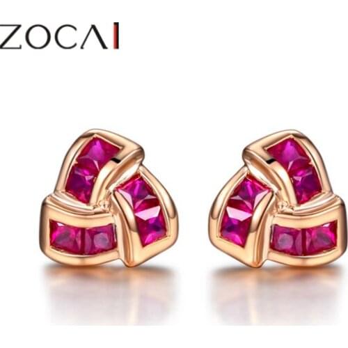 ZOCAI ZODIAC GEM FIRE SIGNS WHIRL DANCE 0.6 CT CERTIFIED RUBY EARRINGS JEWELRY EAR STUDS ROUND CUT 18K ROSE GOLD