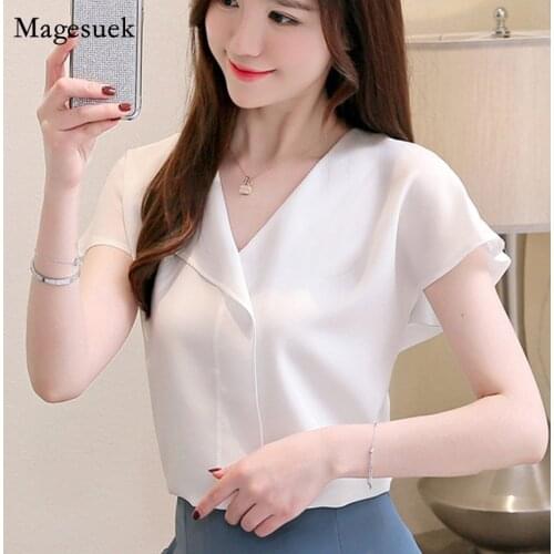 2021 Summer Fashion Ladies Tops Chiffon Short Shirts Women Blouse And Tops V Neck White Elegant Blouse Shirts Shirts 3854 50