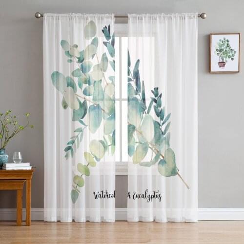 Watercolor Green Tree Leaves Branches Tulle Curtains Kitchen Door Curtain Chiffon Sheer Voile Christmas Curtains for Living Room