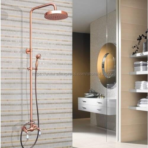 Bathroom Antique Red Copper Shower Faucet 7.7''Rain Shower Head Wall Mount Tap W/Hand Shower Nrg552