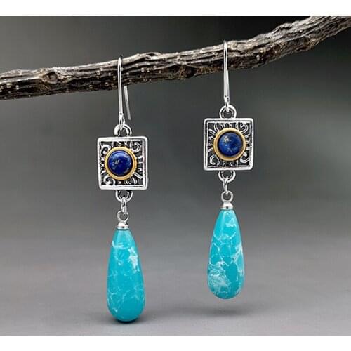 Bohemian Antiques Blue Pine Jade Hanging Earrings Two Color Thai Silver Lapis Lazuli Water Drop Shape Jewel Earrings wholesale