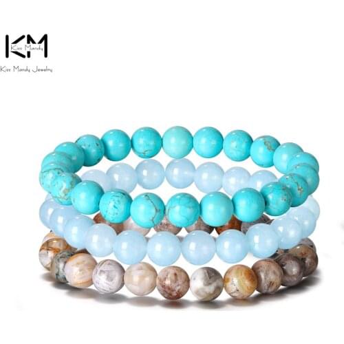 Effie Queen 3Pcs/set Aquamarine Bracelet Women Men Turquoise Howlite Natural Stone Beads Bracelet Couple Beads Bracelet GMB42