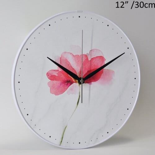 White Pink Flower 30cm Round MDF Wall Clock Mordern 12 inches Single-sided Home Decor Quiet Quartz Hanging Marble Accents Clock