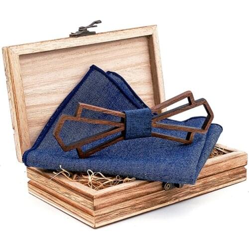 Wood Bowtie+Handkerchief+Wood Box Sets for Mens Suit Marriage Groom Wooden Bow Tie Bowknots Neck Ties Pocket Towel Set