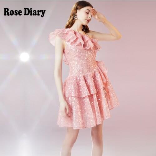 RoseDiary Designer Fashion Glitter Sequined Pink Party Night Dresses Sweet Lady Girl Birthday Dress Ruffles One Shoulder Elbise