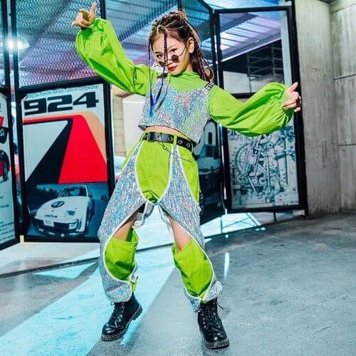 Kids Girls Sequins Stage Fashion Show Dance Clothing Costumes Children Streetwear Hip Hop Sets Long Sleeve T-shirt Vest Pants