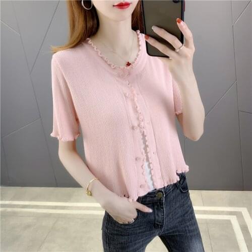 20455 (under No. 5, row 5, room 3) real shooting solid color fungus edge short sleeve short knitted cardigan [2007] 29