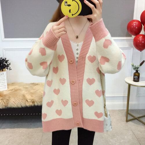 Fashion Heart Print Knit Cardigans Women V-Neck Loose Knitwear Coat Autumn Winter Harajuku Jacket Korean Casual Student Sweater