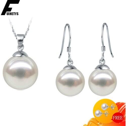 Round 10mm Pearl Earrings Pendant Necklace 925 Silver Jewelry Set Ornament for Women Wedding Bridal Promise Party Gift Wholesale
