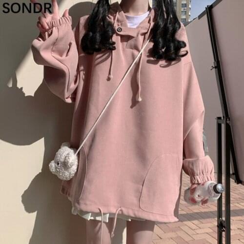 Korean Hoodie Coat Female Autumn Winter Solid Long Sleeve Student Pullover Women Pink Black Loose Sweet Girls Midi Hooded Tops