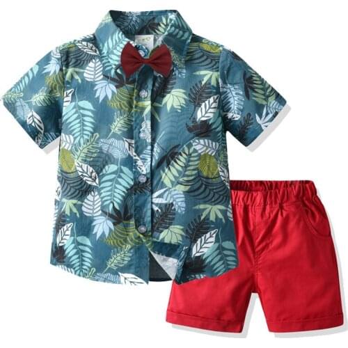 2021 Boys Suits For Weddings Short Sleeve Shirt + Pure Color Shorts + Bow Knot 3pcs Tracksuit For Children Travel Beach Shirt