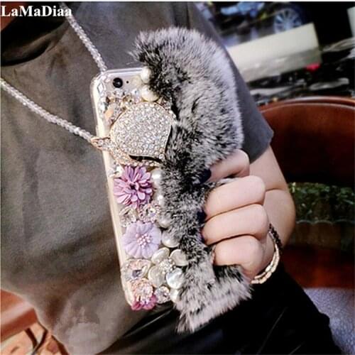 LaMaDiaa Case For Samsung S7 S8 S9 S10 S11 Plus Note5 8 9 10 Cute Soft Fluffy Rabbit Fur Hair Bling Diamond TPU Protective Phone