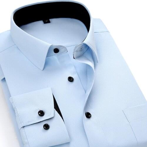 Mens Work Shirts Brand Soft Long Sleeve Square Collar Regular Solid Plain/ Twill Men Dress Shirts White Male Tops