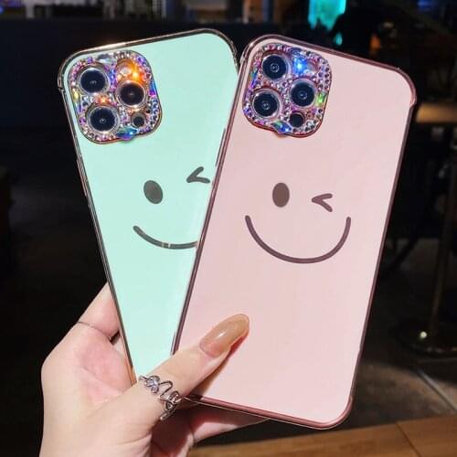 Plating Smiley 3D Diamond Camera Protection Soft Phone Case For iPhone 12 11 Pro Max X XS XR 7 8 plus Glitter Bling Soft Cover