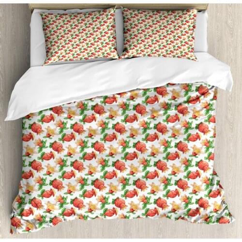 Plant Watercolor Duvet Cover Set Burgeoning Pomegranate Fruits and Leaves 3 Piece Bedding Set Dark Coral Pastel Brown Fern Green