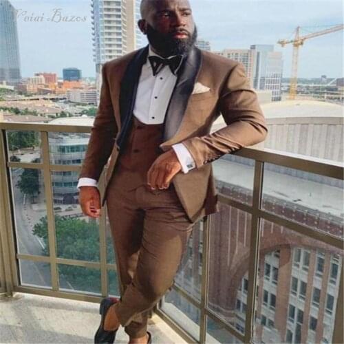 New 3 Brown Mens Suit Shawl Lapel Groom Suit Male Groom Tuxedo Skinny Wedding Mens Suits (Jacket + Pants + Vest )