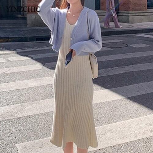 New Woman Knitted Autumn 2pcs Set Female Causal Sweater Dress Suits Solid Open Stich Slim Spegetti Mid Dress Suit Set Winter