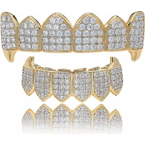 Popular Gold Silver Color Iced Out Hip Hop Teeth Grillz Micro Pave Cubic Zircon Top Bottom Vampire teeth Set Men Jewelry Gifts
