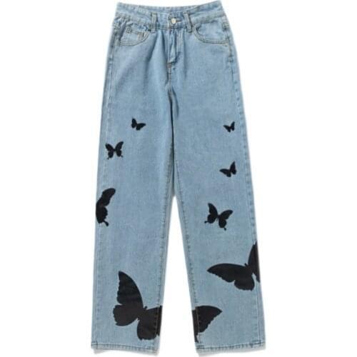 Casual Straight Pants Mom Denim Trouser Plus Size Pants Wide Leg Jeans High Waist Womens Jeans Butterfly Printing Vintage Baggy