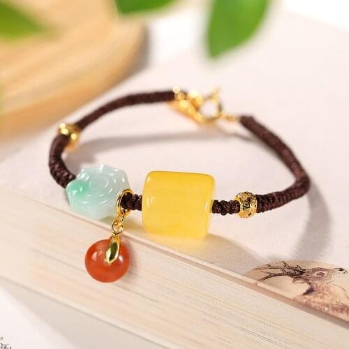 Simple Retro Female Drawstring Bracelet Charm Bracelet 925 Silver Amber Jade Agate Jewelry Birthday Party Gift